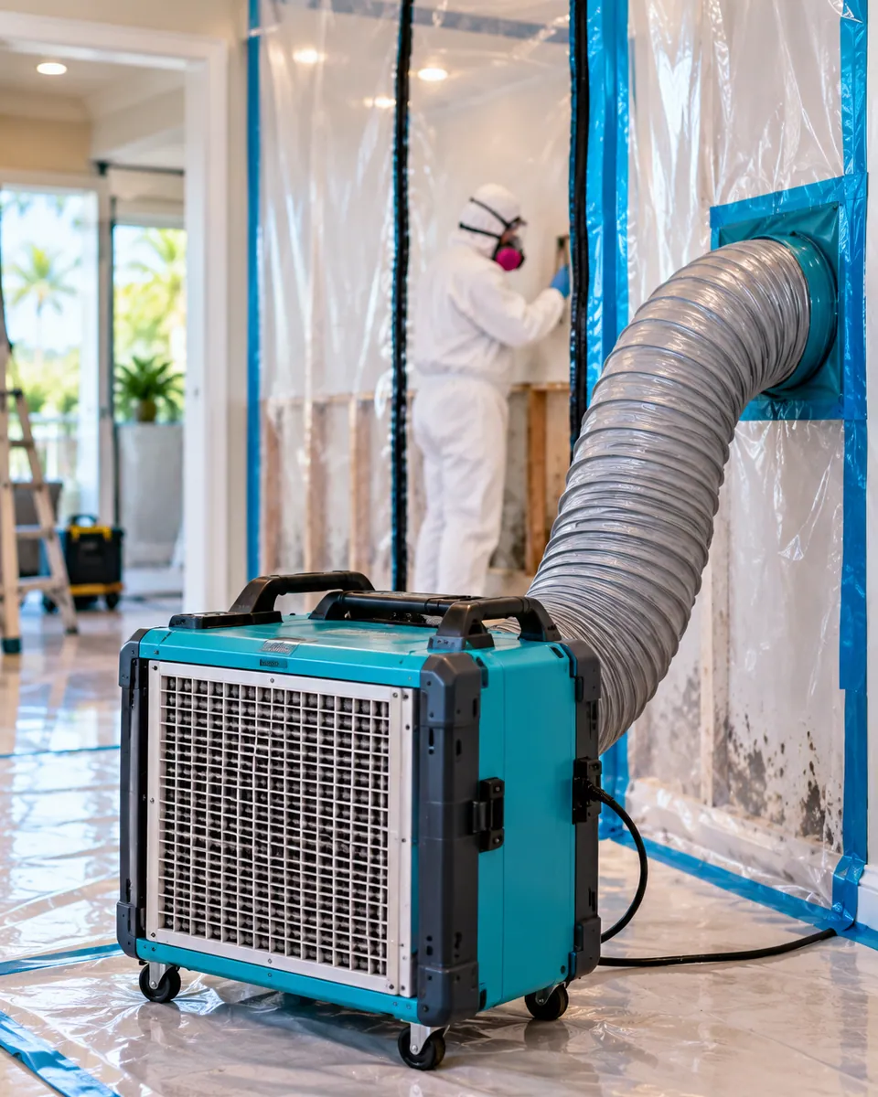 HEPA air scrubber and poly containment set up for mold remediation in Boca Raton